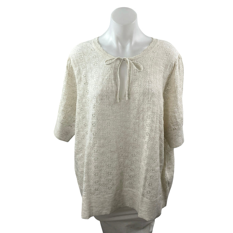 Old Navy Women's White Wool Knit Crochet Tie Short Sleeve Sweater Top Size 3X