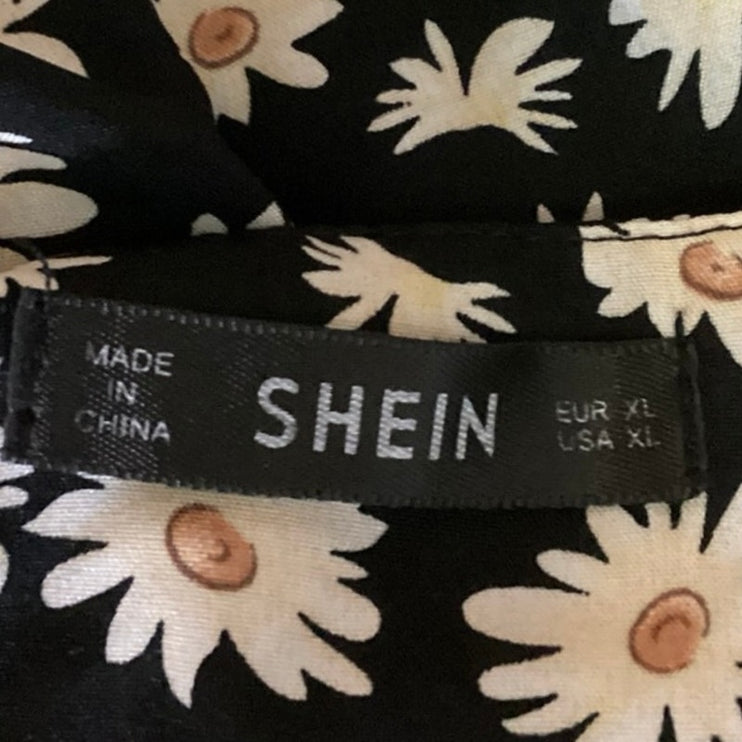 Shein Black Daisy Floral Square Neck Tie Sleeve A Line Mini Dress Size XL