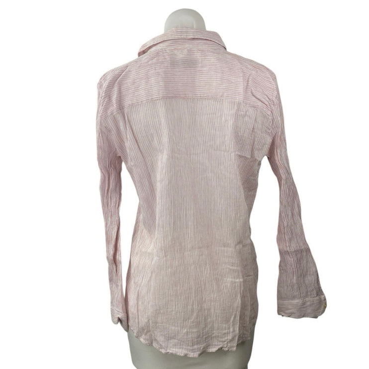 LOFT Womens Pink Striped V-Neck Collar Long Sleeve Sheer Shirt Blouse Top Size M
