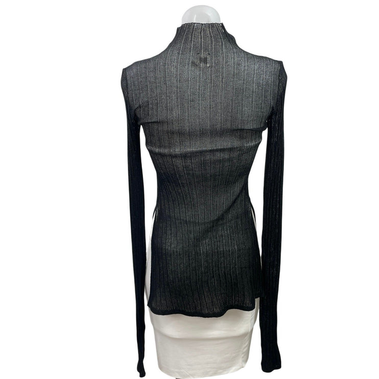 Elsa II Black Long Sleeve Mock Neck Sheer Mesh Ribbed Bandeau Slit Blouse Top S