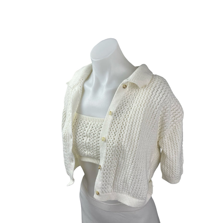 Anthropologie Women's White Crochet Summer Bralette Crop Cardigan Set Top Sz S/M
