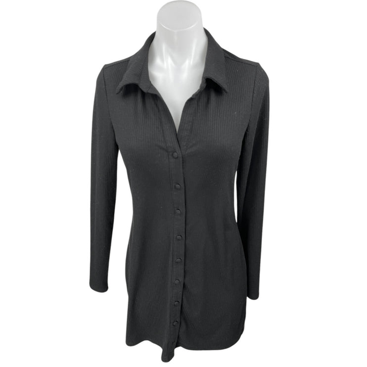 AFRM Black Long Sleeve Rib Knit Collar Button Down Mini Shirt Sweater Dress Sz M
