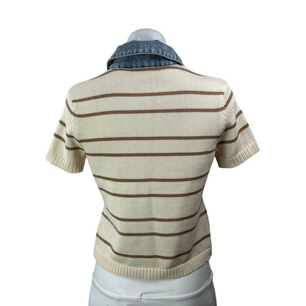 Olivaceous Gypsy and Gold Cream Striped Short Sleeve Collared Polo Shirt Top M
