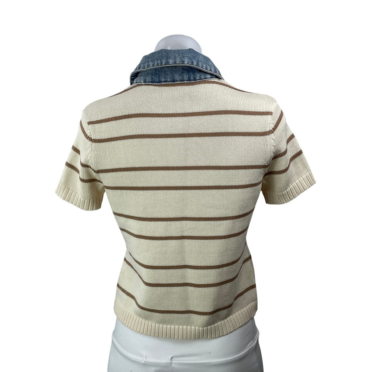 Olivaceous Gypsy and Gold Cream Striped Short Sleeve Collared Polo Shirt Top M