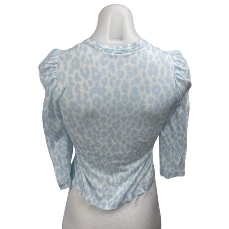 A.L.C Karlie Women's Blue Leopard Animal Print Puff Half Sleeve Blouse Top Sz XS