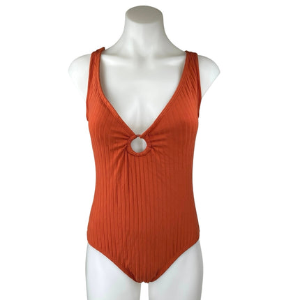 Kona Sol Orange Brown Ribbed Ring Keyhole One Piece Swim Bikini Swimsuit Size M