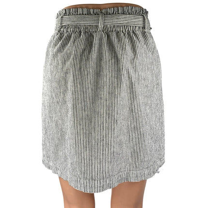 J.Crew White Black Striped Linen Belted Tie High Waist Mini A-Line Skirt Sz XXS