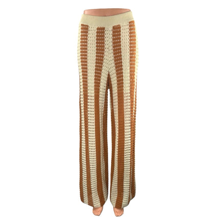 Solitaire Beige Tan Stripe Crochet Open Knit High Rise Wide Leg Trousers Pant XL