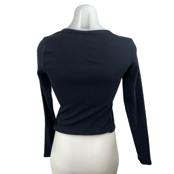 Anthropologie Maeve Women Black Long Sleeve Crewneck T Shirt Tee Crop Top Size S