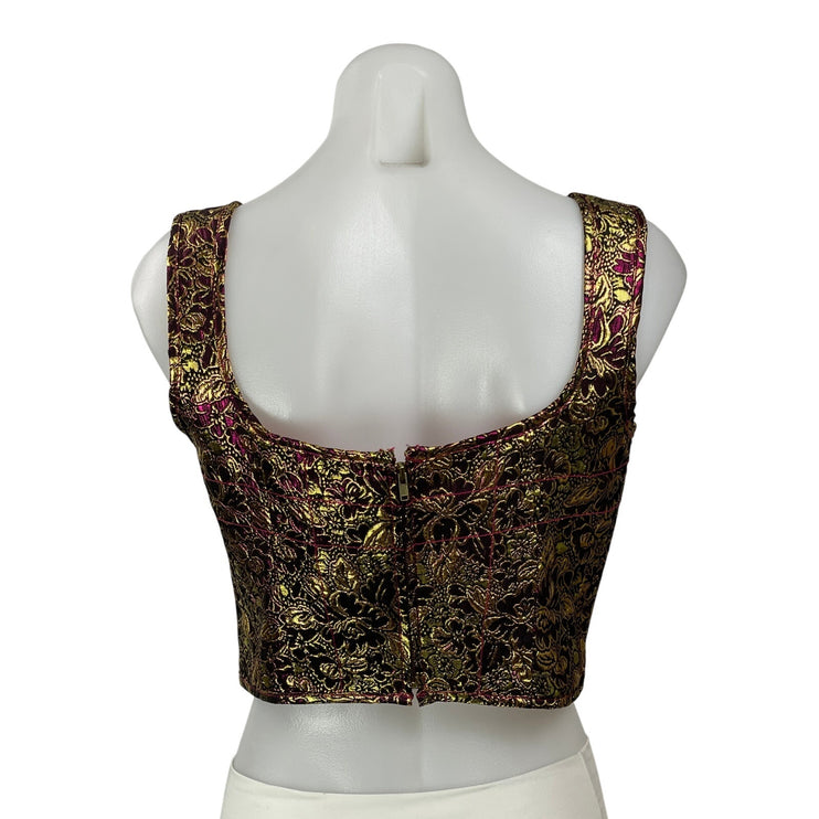 NBD Ada Gold Metallic Floral Sleeveless Tank Corset Bustier Crop Top Size M
