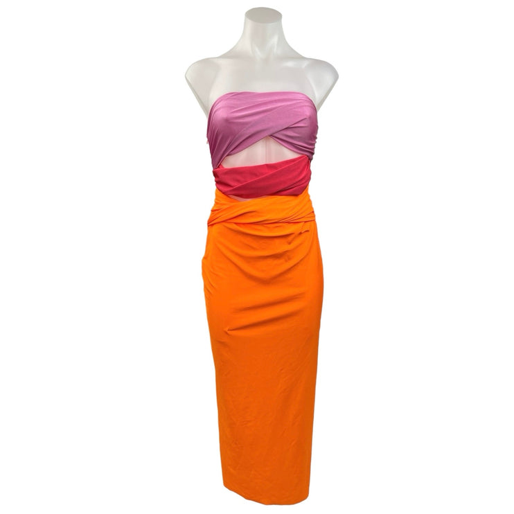 Colorblock Pink Orange Cutout Strapless Slit Bodycon Sexy Tube Maxi Dress Size S