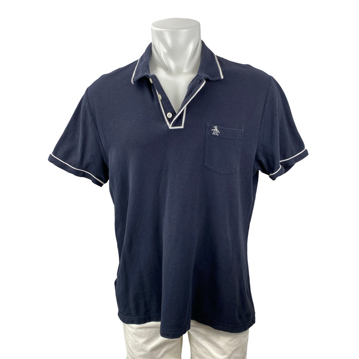 Penguin Men's Navy Blue Logo Golf Pocket Shorts Sleeve Polo Shirt Top Size XL