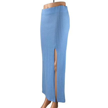 Out from Under Bounce Plush Suki Blue Ribbed Slit Maxi Straight Pencil Skirt S