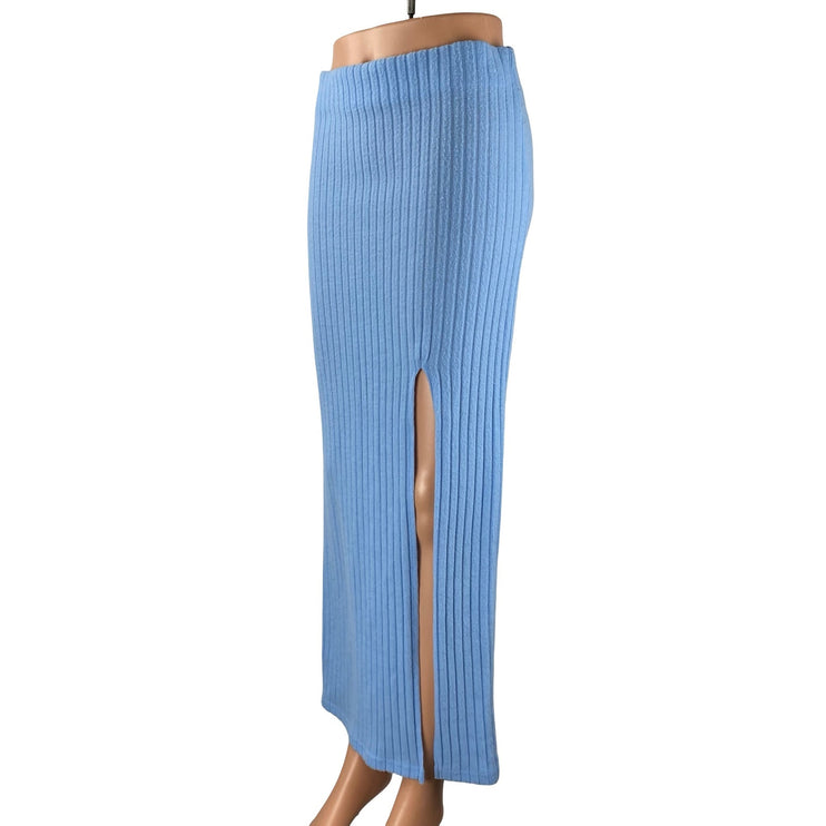 Out from Under Bounce Plush Suki Blue Ribbed Slit Maxi Straight Pencil Skirt S