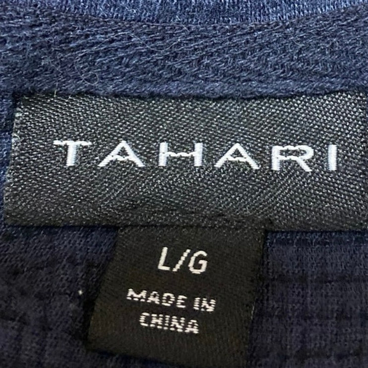 Tahari Women's Navy Blue Knit Short Sleeve Pocket Button Up Shirt Top Size L