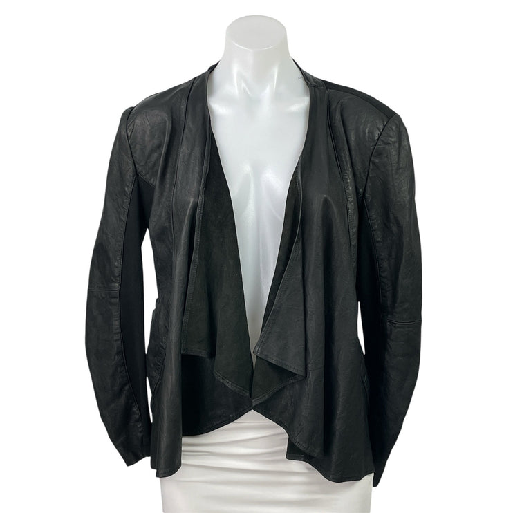 Wink 100% Leather Womens Black Draped Open Front Long Sleeve Moto Coat Jacket M