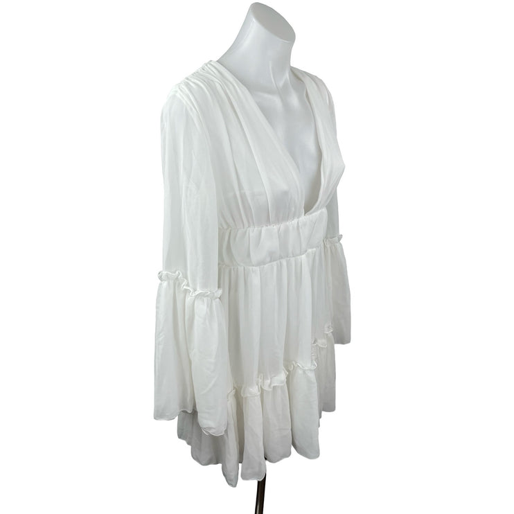 Miss Ord Women's White Deep V Neck Long Sleeve Tiered Mini Flare A-Line Dress XS