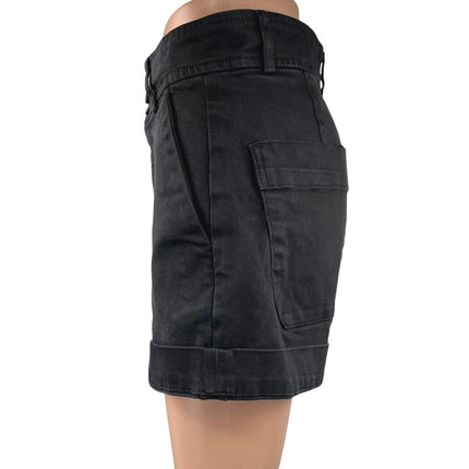 Everlane Black High Waist Wide Leg Cuffed Button Zip Denim Jeans Shorts Size 8