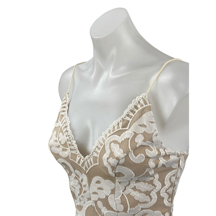 Hello Molly White Beige Floral Lace Sleeveless V Neck Cami Tank Bodysuit Top XS