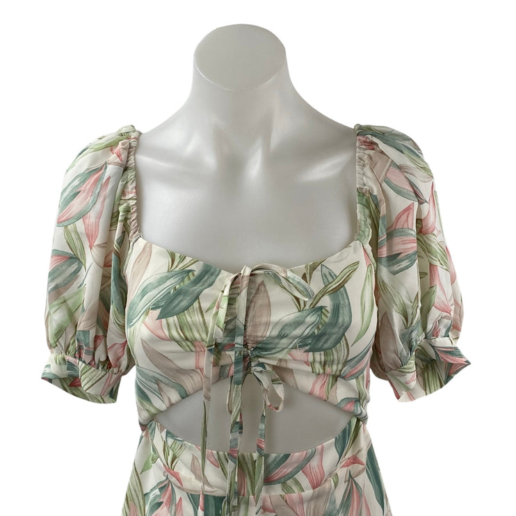 Lulus Thriving Moment Floral Cut Out Ruched Puff Sleeve Midi A-Line Dress Sz XS