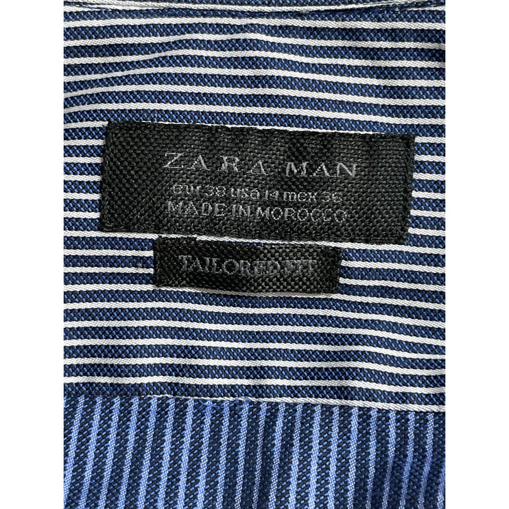 Zara Men Navy Blue Pinstriped Tailored Long Sleeve Button Down Shirt Top Size 14