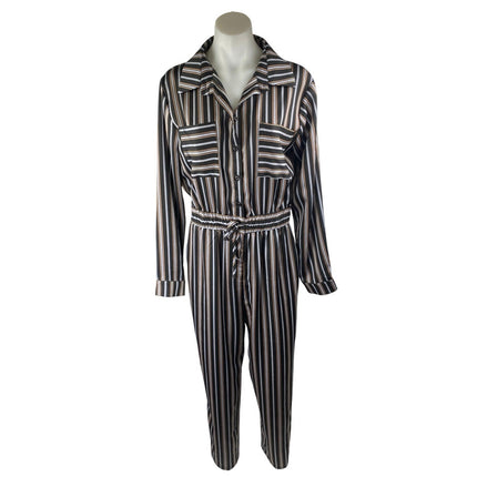 Lulus Black Striped Long Sleeve Drawstring Pockets Button Down Shirt Jumpsuit S