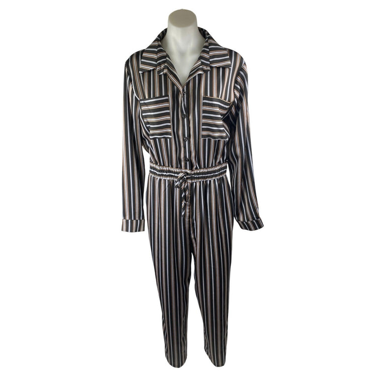 Lulus Black Striped Long Sleeve Drawstring Pockets Button Down Shirt Jumpsuit S