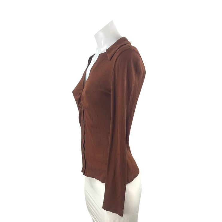 Madewell Women's Brown Collared Long Sleeve Button Down Tee T-Shirt Blouse Top S