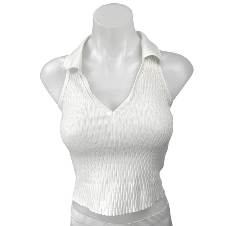 Zara White Textured Knit V-neck Collar Racerback Crop Sweater Tank Top Size S