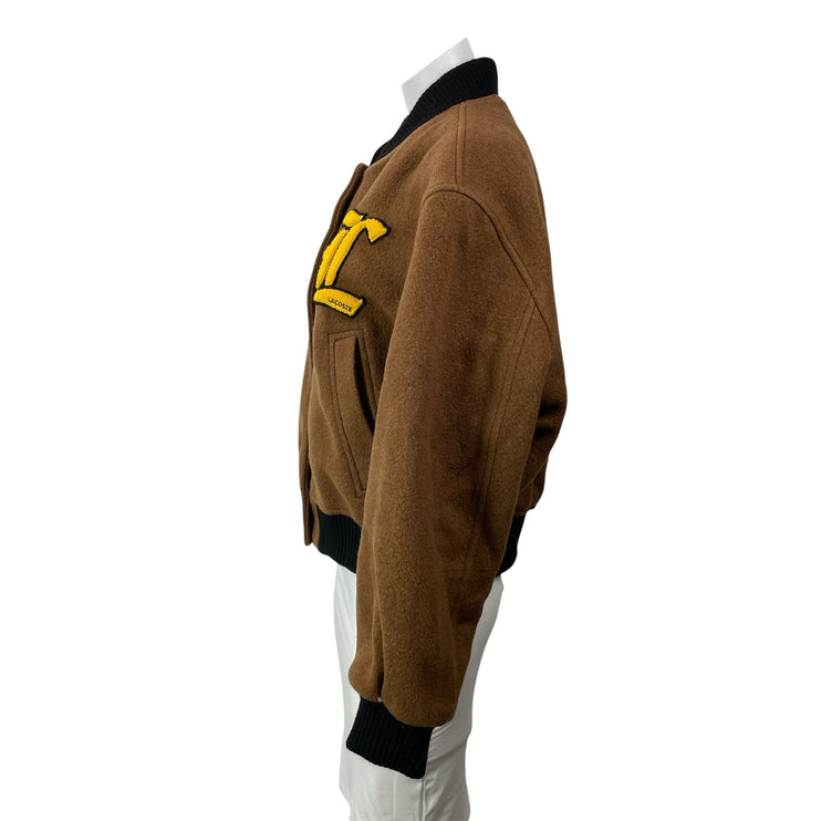 NEW Lacoste L!VE Womens Brown Long Sleeves Wool Varsity Bomber Coat Jacket Sz 40