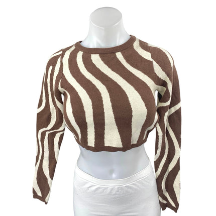 12th Tribe Brown Cream Striped Long Sleeve Cutout Tie Knit Crop Top Size XS