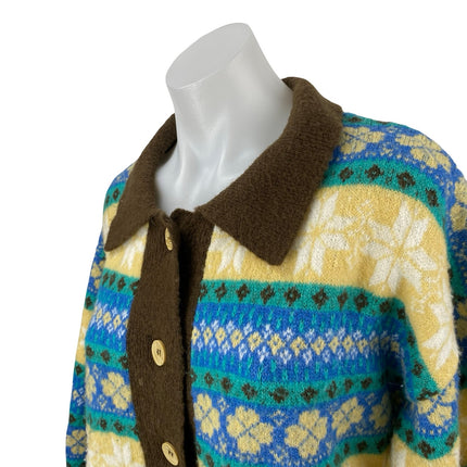 24Colours Fair Isle Collared Long Sleeve Button Down Crop Cardigan Sweater Top M