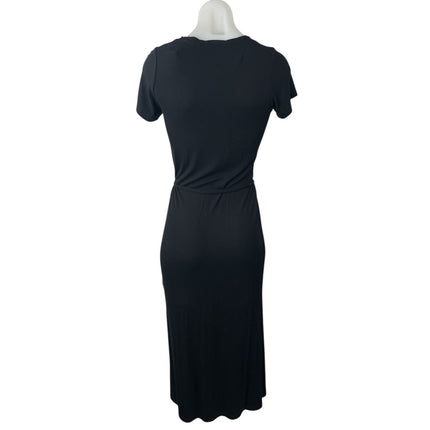 NEW Splendid Black Ribbed Short Sleeve Tie Waist Midi Bodycon T-Shirt Dress XS