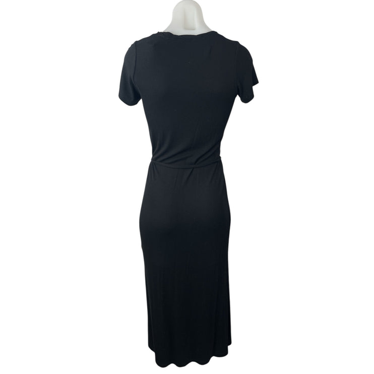 NEW Splendid Black Ribbed Short Sleeve Tie Waist Midi Bodycon T-Shirt Dress XS