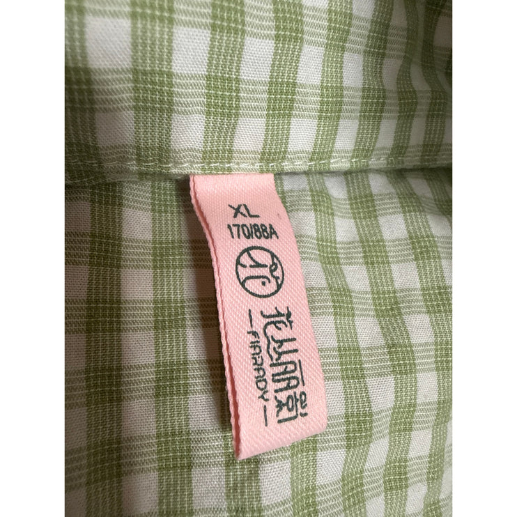 Fiarady Green Gingham Check Ruffle Button Up Shirt Short Sleepwear Pajama Set XL