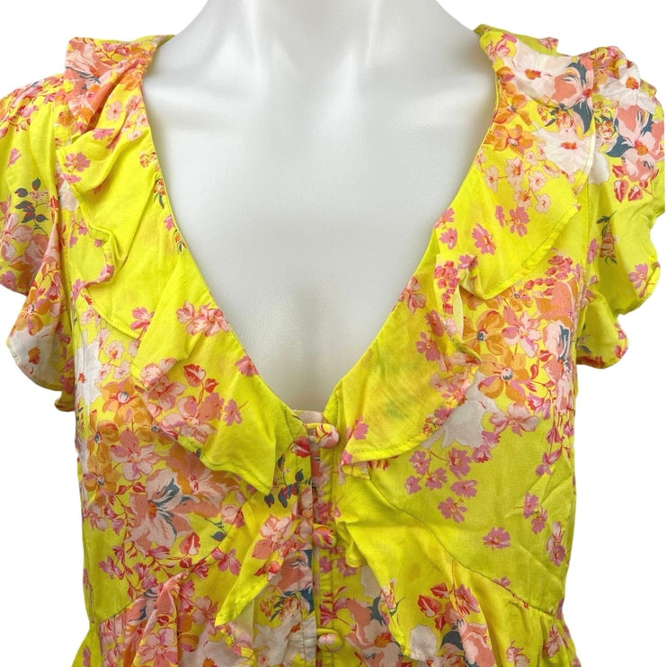 Anthropologie Maeve Yellow Pink Floral Ruffle Deep V Button Up Blouse Top Sz 4