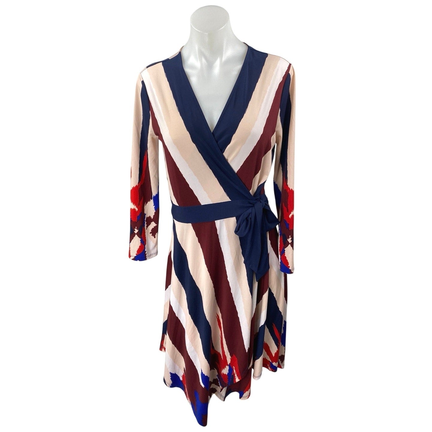 BCBGMaxazria Isabella Multicolor Striped Long Sleeve Midi Wrap Dress S Brie BCBGMaxazria Isabella Multicolor Striped Long Sleeve Midi Wrap Dress S Brie