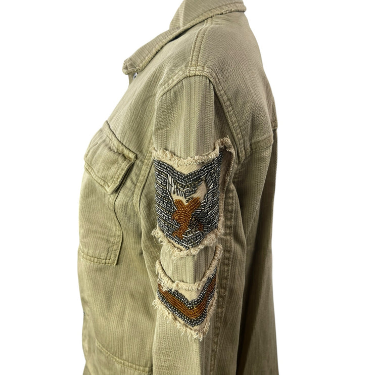 Free People Olive Green Khaki Embellished Army Utility Military Shirt Jacket S