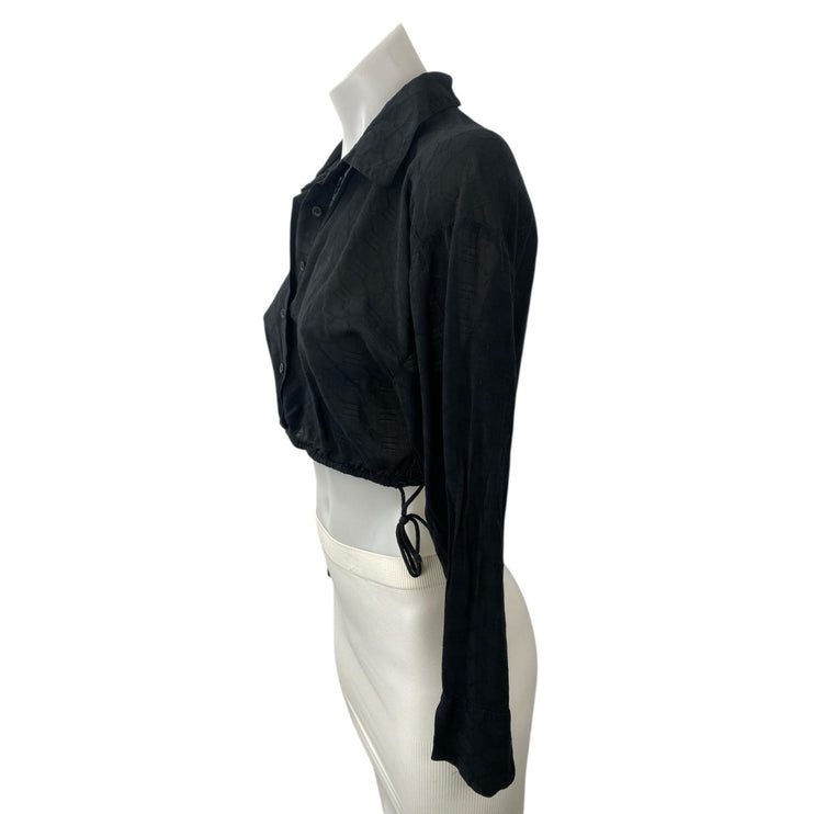 Savage X Fenty Black Collared Long Sleeve Crop Button Down Shirt Blouse Top Sz S