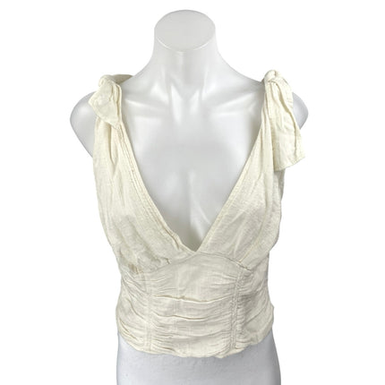 Free People Cream White Sleeveless V-neck Tie Shoulder Smocked Crop Tank Top M