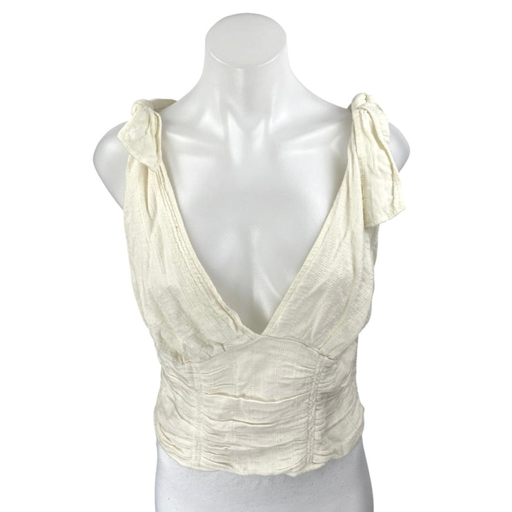 Free People Cream White Sleeveless V-neck Tie Shoulder Smocked Crop Tank Top M