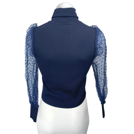 Zara Women's Blue Knit Organza Turtleneck Long Sleeves Crop Sweater Top Size M