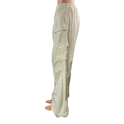 Tiger Mist Cream High Rise Baggy Wide Leg Parachute Cargo Trouser Pants Size L
