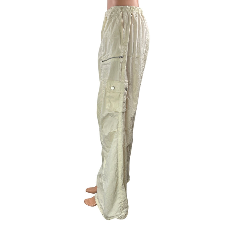 Tiger Mist Cream High Rise Baggy Wide Leg Parachute Cargo Trouser Pants Size L