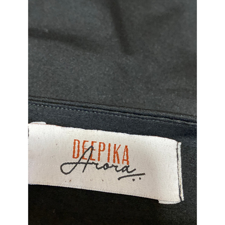 Deepika Arora Black V-Neck Long Puff Sleeve Zip Up Tapered Romper Jumpsuit Sz S