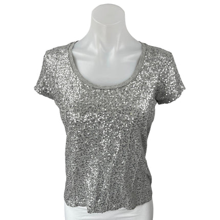 Calvin Klein Gray Silver Sequin Embellished Short Sleeve T Shirt Tee Top Size S