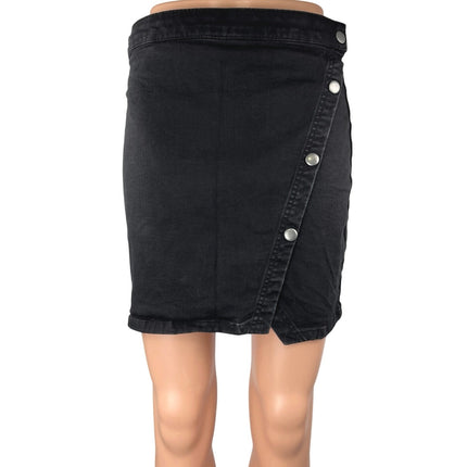 Free People Notched Black Asymmetric Side Button Mini Wrap Denim Jeans Skirt 8