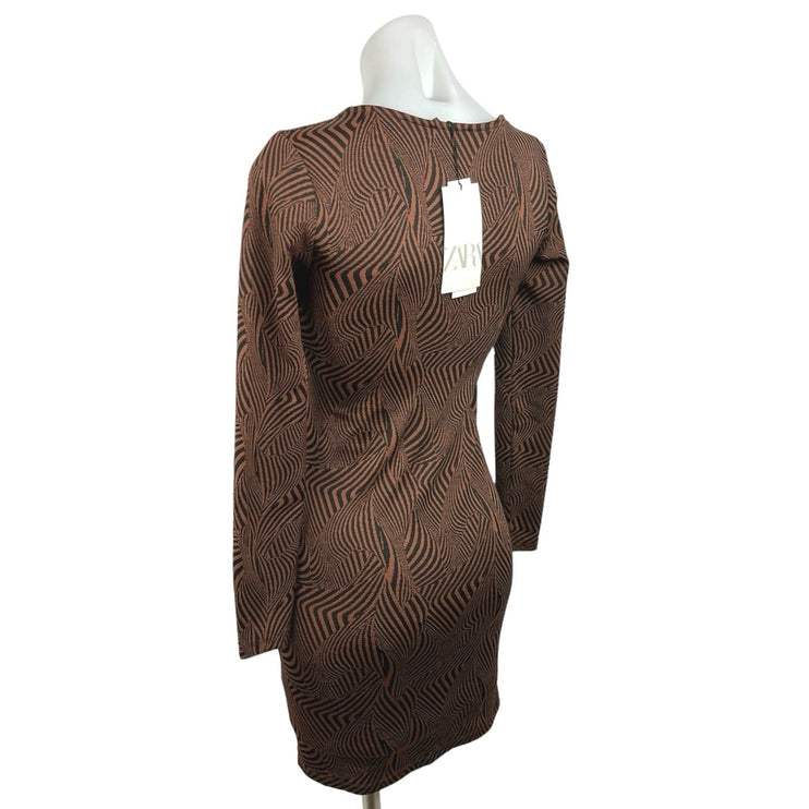 Zara NWT Brown Geometric Square Neck Keyhole Long Sleeve Mini Bodycon Dress Sz M