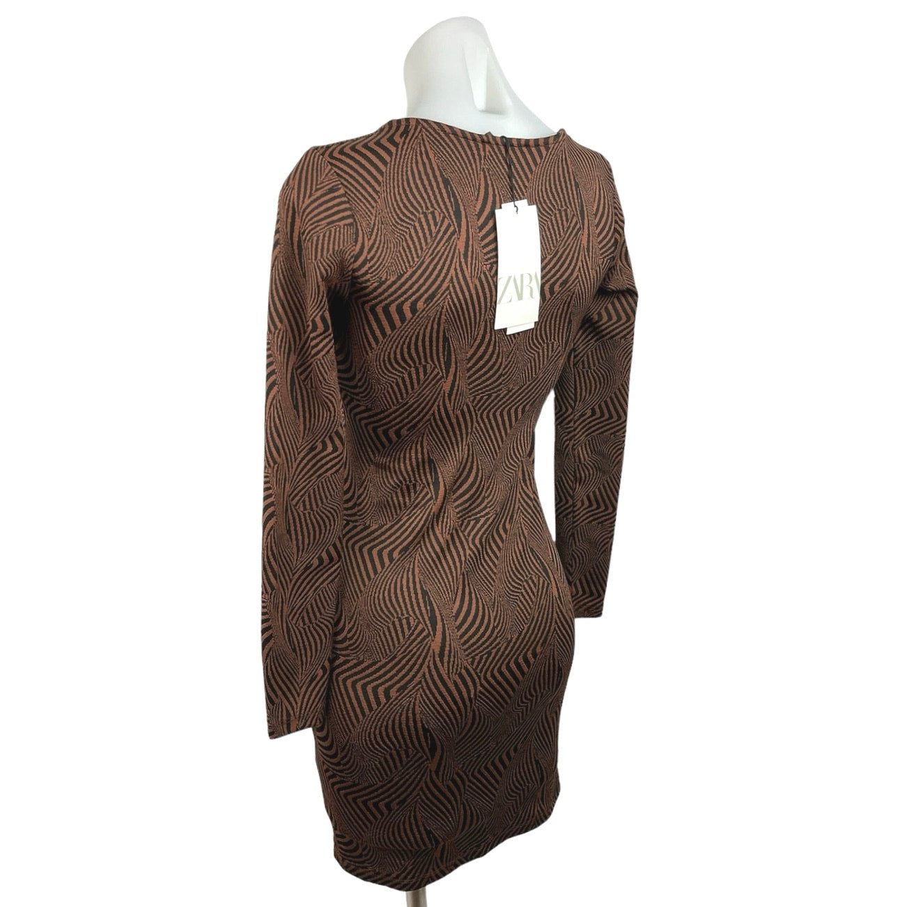 Zara NWT Brown Geometric Square Neck Keyhole Long Sleeve Mini Bodycon Brie Zara NWT Brown Geometric Square Neck Keyhole Long Sleeve Mini Bodycon Brie