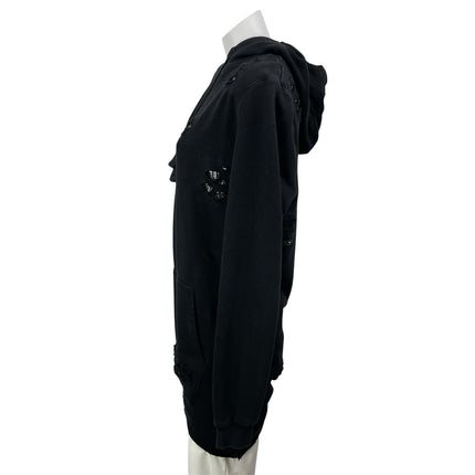 Women's Black Long Sleeves Distressed Cutout Pullover Hoodie Hooded Sweatshirt S